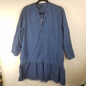 Gap Denim Dress Womens XL Tall Blue‎ Ruffle Hem Split Neck Drop Waist tunic NWOT